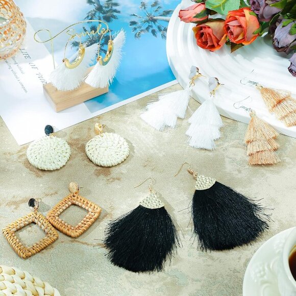 6 Pair Rattan Earrings Straw Tassel Bohemian Earrings for Girl Women Summer Beac - Picture 7 of 7